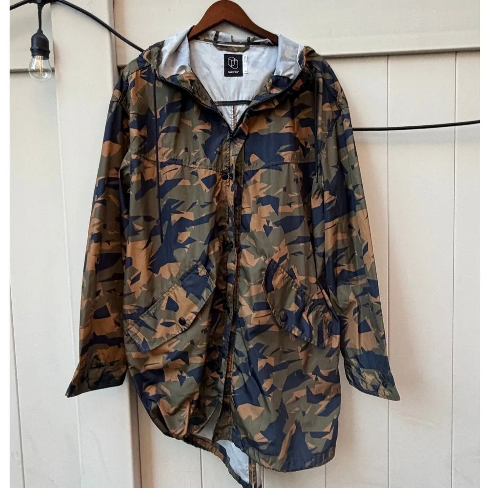 Original Use Mens Geometric Camo Hooded Parka Windbreaker Jacket Brown Green L - Picture 1 of 3